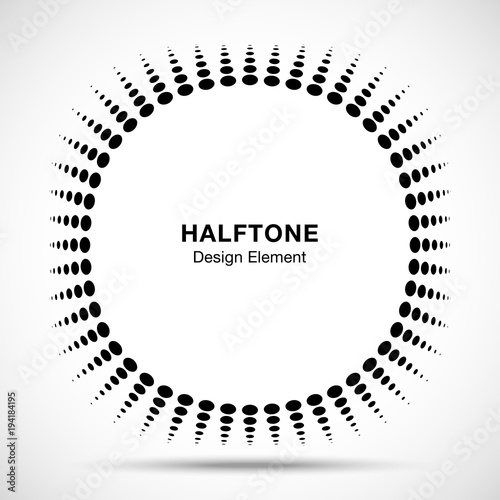 Convex distorted black abstract vector circle frame halftone dots logo emblem design element for new technology pattern background. Round border Icon using halftone circle dots raster texture. Vector 