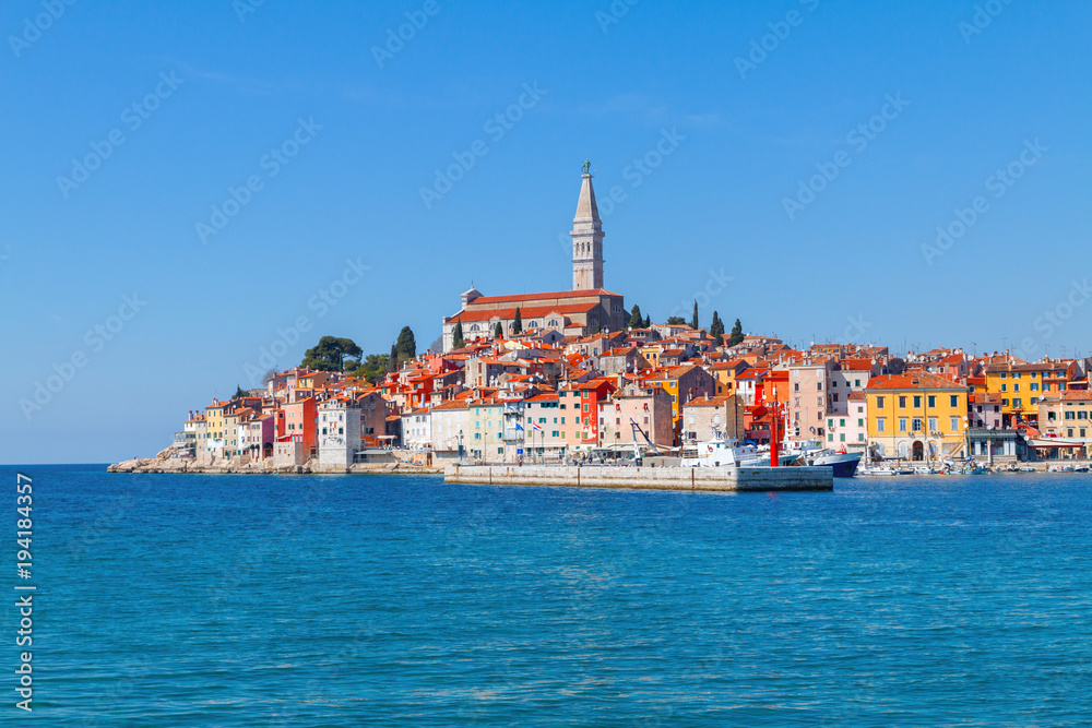 Beautiful and cozy medieval town of Rovinj, colorful with houses and church the harbor