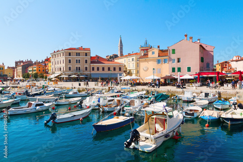 Beautiful and cozy medieval town of Rovinj  colorful with houses and church the harbor