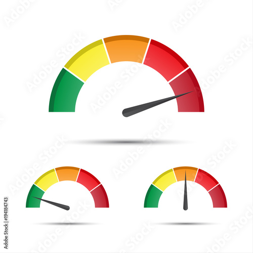 Set of color vector tachometers, flowmeter with indicator in green, orange and red part, speedometer and performance measurement icon, illustration for your web page, infographic, apps