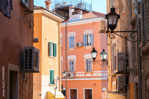 Beautiful and cozy medieval town of Rovinj, colorful with houses and church