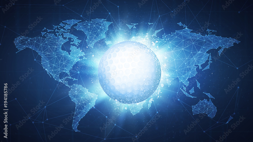 Obraz premium Golf Ball flying in white particles on the background of blockchain technology network polygon world map. Sport competition concept for golf tournament poster, placard, card or banner.
