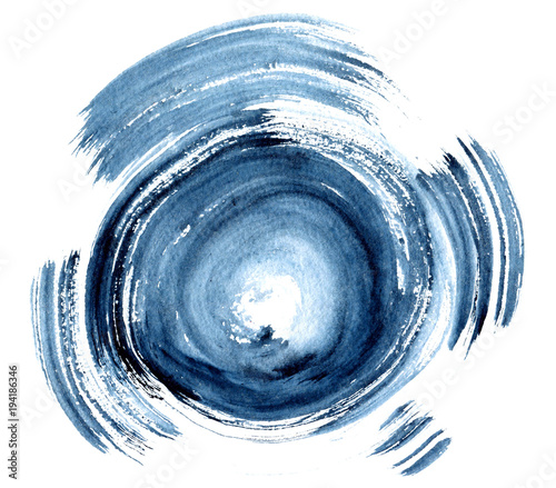 Hand drawn acrylic element, blue round stroke isolated on white background.