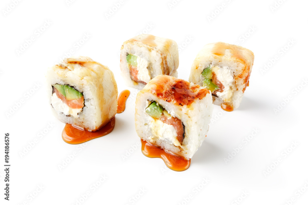 Close up japan unagi sushi roll isolate on whie Close up japan unagi sushi roll isolate on whie