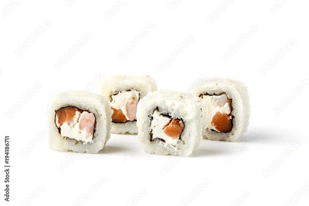 Fresh japanese sushi rolls on a white background Fresh japanese sushi rolls on a white background