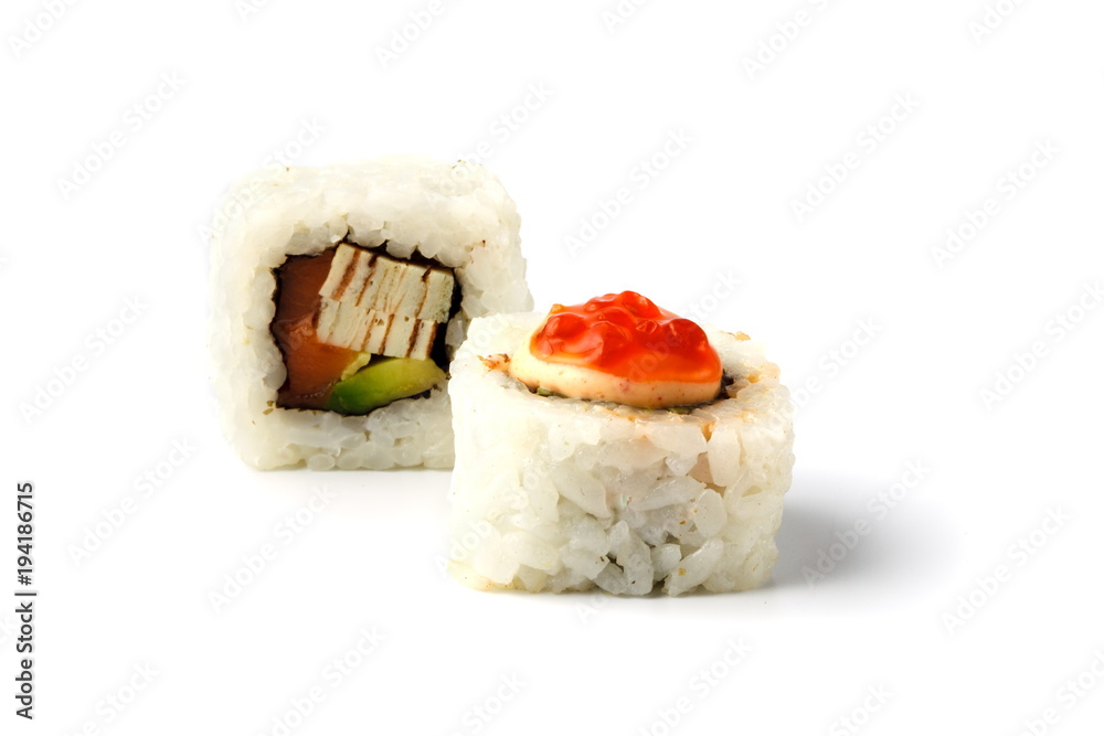 Close-up of sushi pieces isolated on white background Close-up of sushi pieces isolated on white background