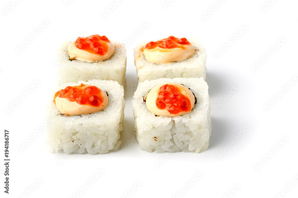 Close-up of sushi pieces isolated on white background Close-up of sushi pieces isolated on white background