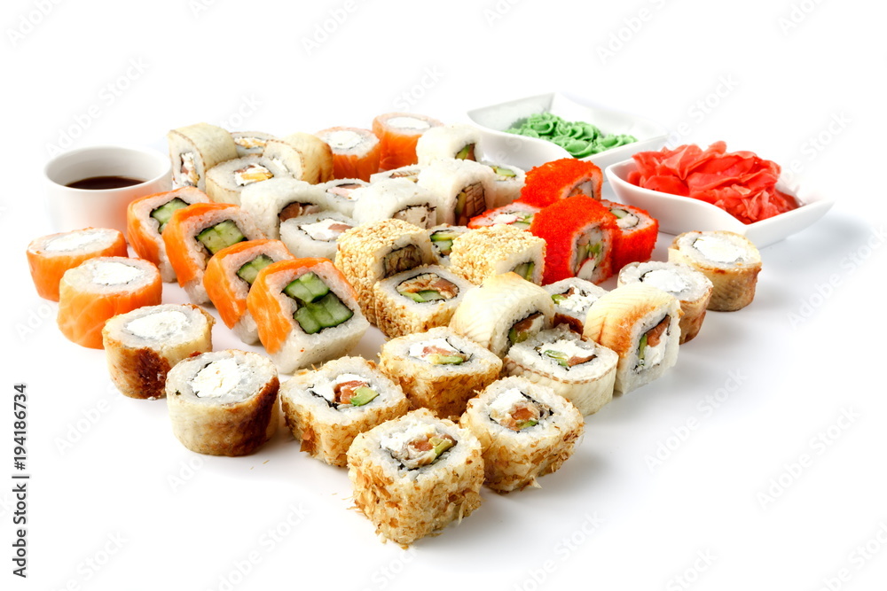 Set of sushi roll close up isolate on white