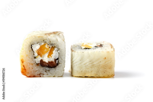 Close-up of sushi pieces isolated on white background