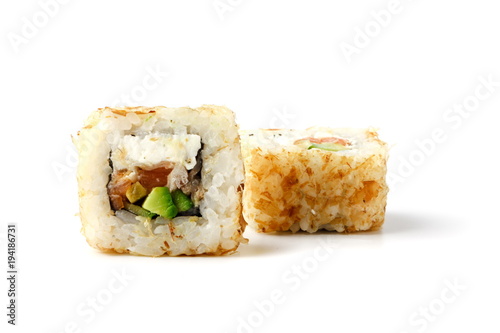 Fresh japanese sushi rolls on a white background