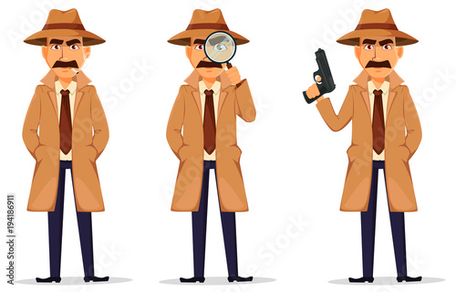 Detective in hat and coat. Handsome character