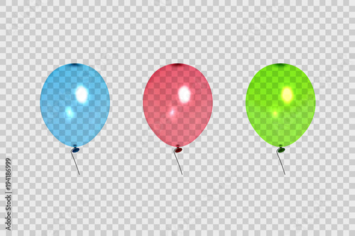 Set of transparent balloons in different colors. Isolated on transparent background. Element for the design of postcards, booklets, congratulations, holidays, gift certificates, Vector