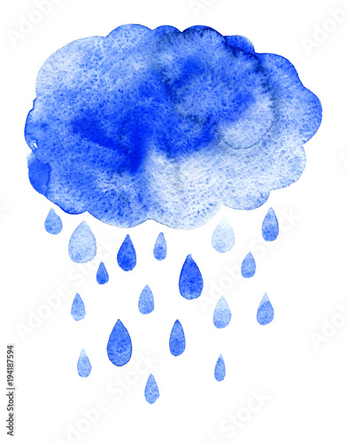 Rain cloud precipitation with rain drops. Hand drawn watercolor illustration.