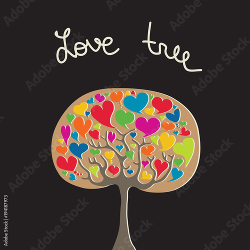 Abstract love tree. Vector heart tree. Stylized colorful tree on black background