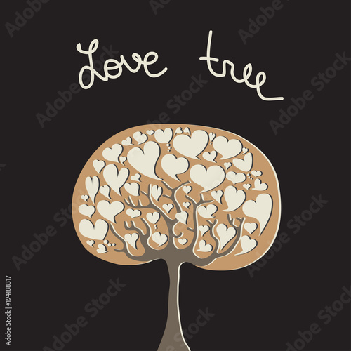 Abstract love tree. Vector heart tree. Stylized tree on black background