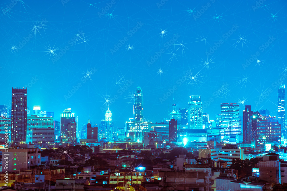 abstract dot and line connection look like the star over night city sky background