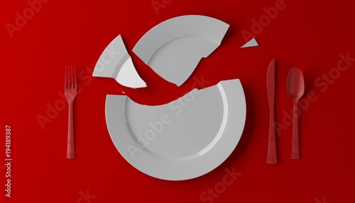 Foto Photorealistic image of a broken white plate on red background