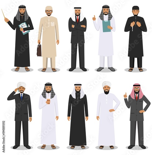 Business concept. Detailed illustration of different muslim or indian businessmen standing in diverse positions in flat style isolated on white background. Vector illustration.