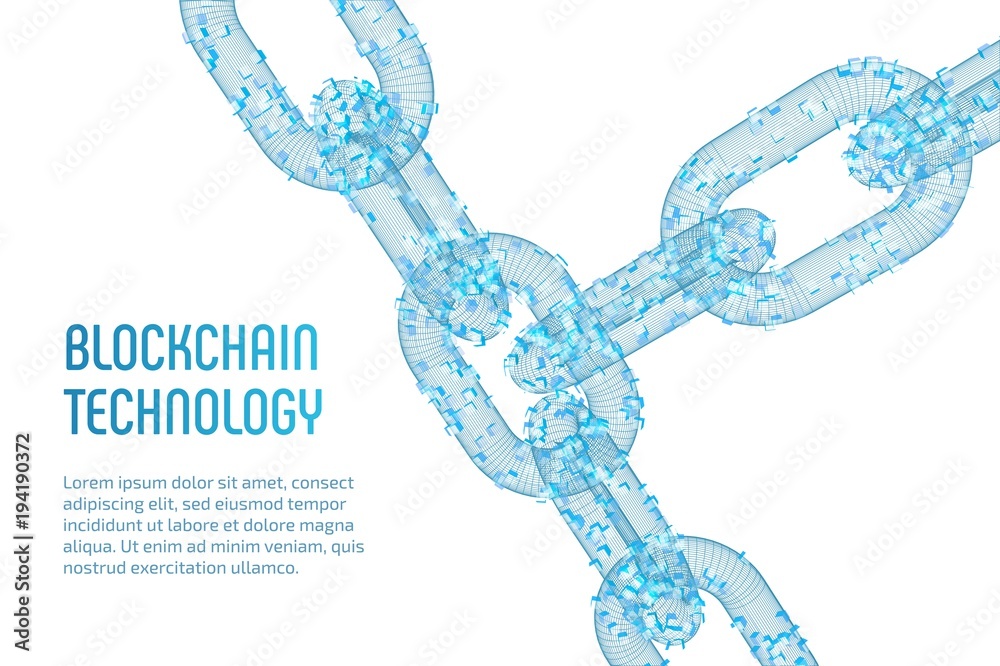 Fototapeta premium Block chain. Crypto currency. Blockchain concept. 3D wireframe chain with digital blocks. Editable cryptocurrency template. Stock vector illustration.