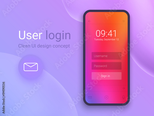 Clean Mobile UI Design Concept. Login Application with Password Form Window. Trendy Holographic Gradients. Flat Web Icons. Vector EPS 10