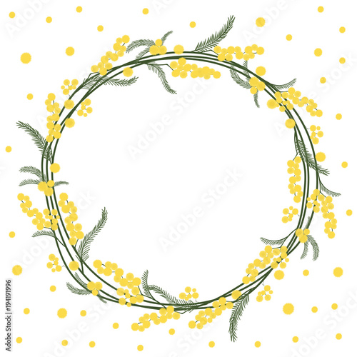 Spring floral round frame with yellow mimosa. Vector.