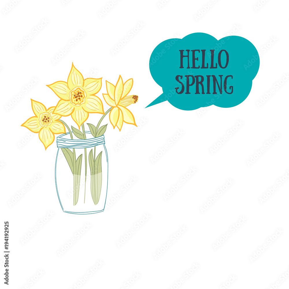 Cute yellow narcissus flowers in jar, vector illustration