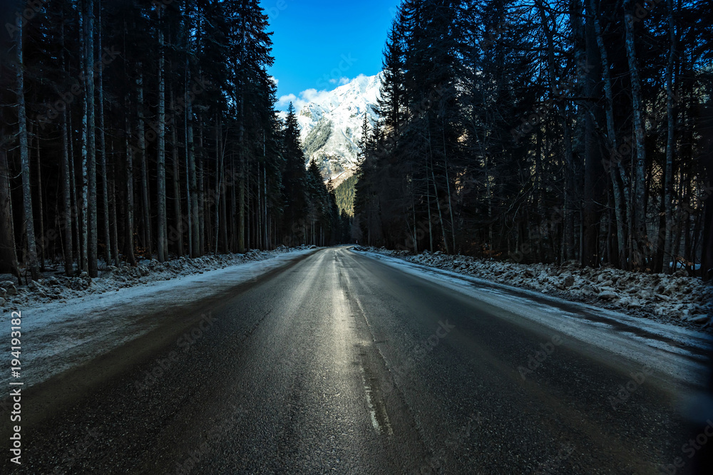 Obraz premium Road through winter mountain forest