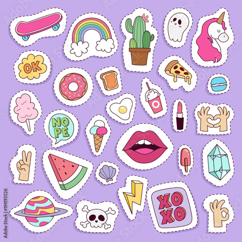 Girl fashion symbols vector stickers patches cute colorful badges fun cartoon icons pony, horn horse, lips, love and kiss design doodle element trendy girl modern hipster icons print illustration