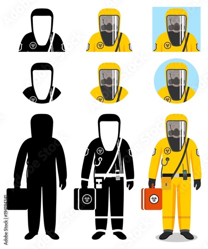 Industry concept. Illustration of worker in protective suit. Protection from chemical, radioactive, dangerous, toxic, poisonous, hazardous substances. Differences people characters avatars icons.