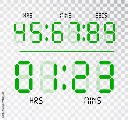 Digital clock. Calculator digital green numbers Isolated. Alarm clock letters. Numbers set for a digital watch and other electronic devices. Vector 10 EPS.