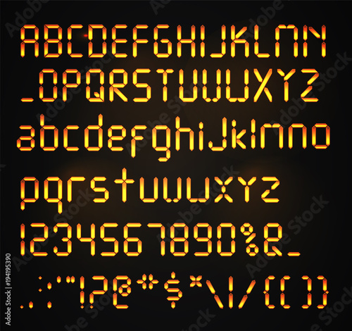 Digital font Isolated. Glowing realistic Digital alphabet. Alarm clock letters. Numbers and letters set for a digital watch and other electronic devices. Vector alphabet.