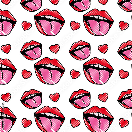 sensuality lips with tongue out and hearts pattern background vector illustration design