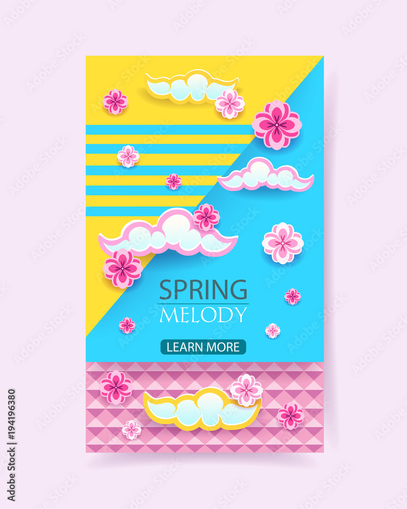 Cut paper Banner set with sakura, japaneese cherry tree blossom. Vector graphic design. 