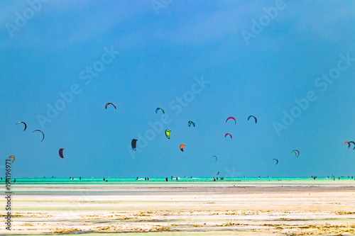 Kiteboarders in Paje. Zanzibar, Tanzania.