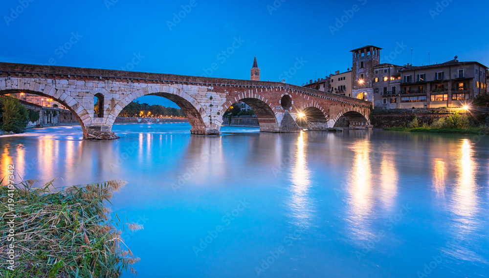 The famous roman Ponte Pietro bridge in Verona, Italy
