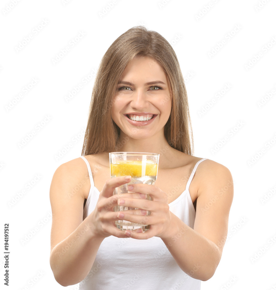Beautiful young woman with glass of lemonade on white background Beautiful young woman with glass of lemonade on white background
