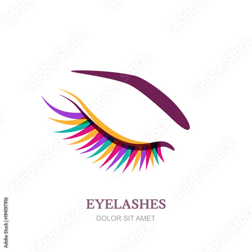 Female beautiful eye with colorful eyelashes, isolated on white background. Vector logo, emblem design element. Concept for beauty salon, cosmetics label, visage and makeup.