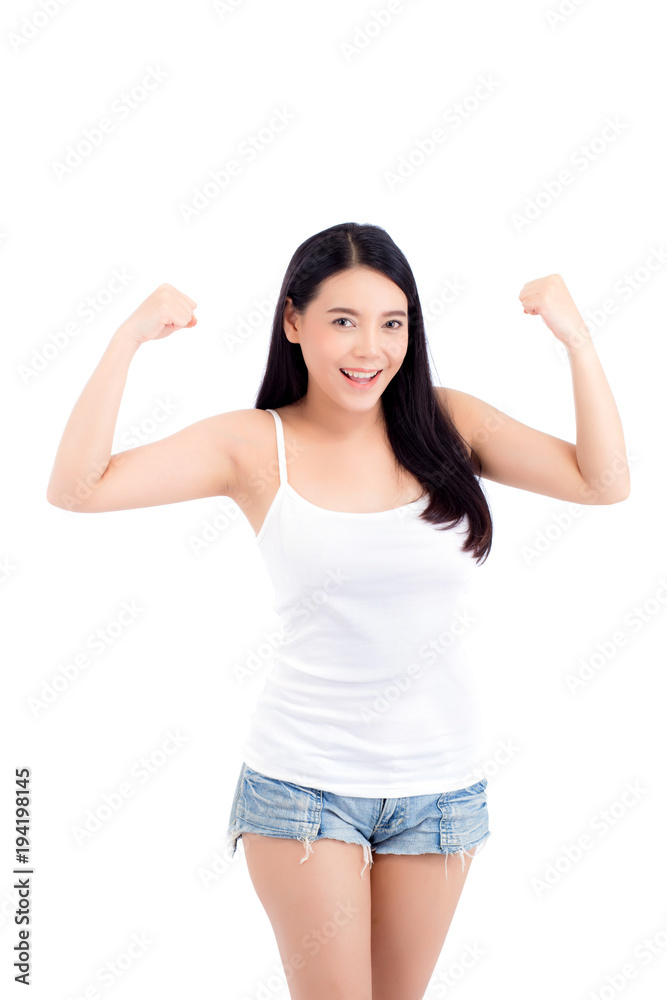 Portrait of beautiful asian woman power strong and strength, beauty of girl with wellness and smile isolated on white background, healthcare concept. Portrait of beautiful asian woman power strong and strength, beauty of girl with wellness and smile isolated on white background, healthcare concept.