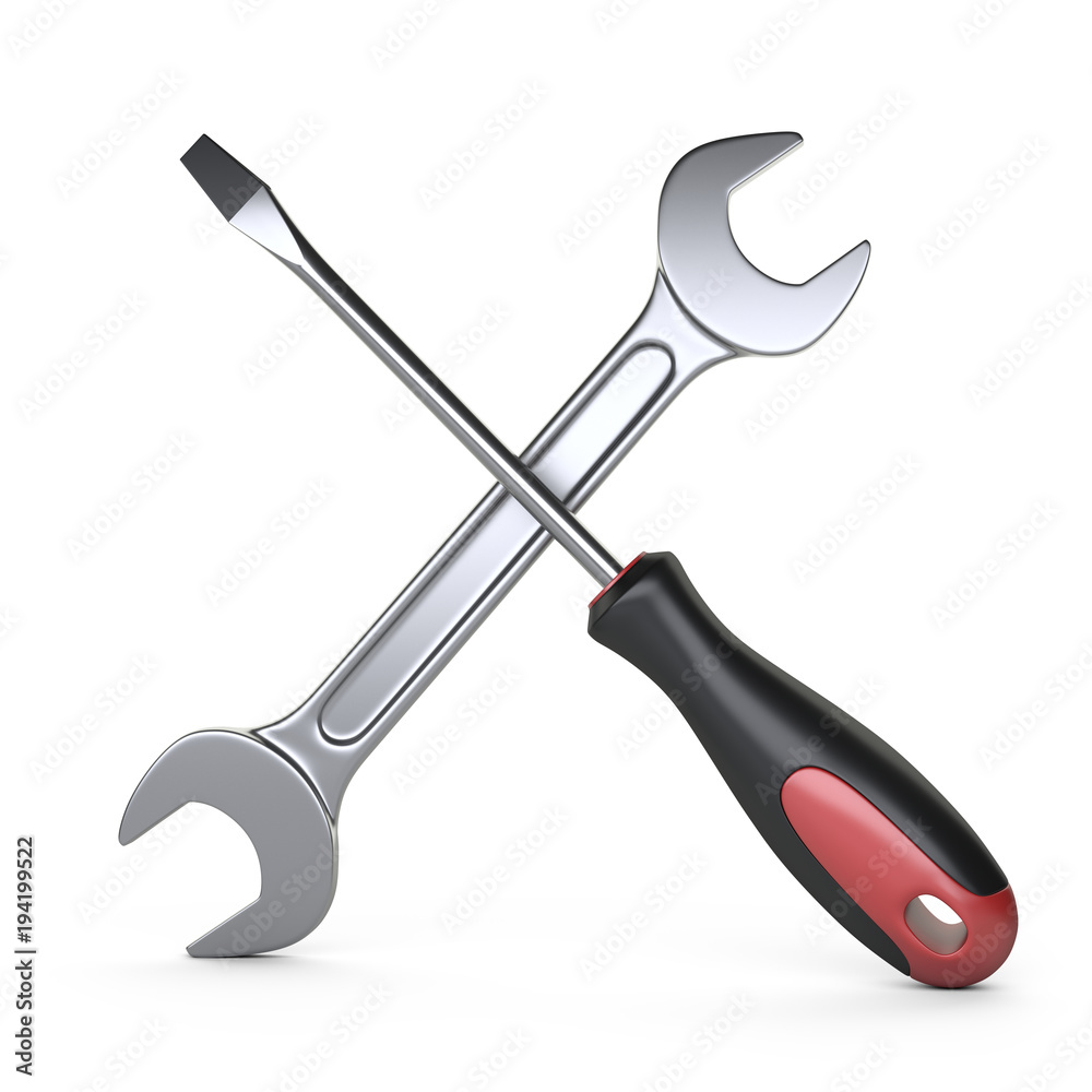 Screwdriver with wrench spanner cross. 3d tools icon. Illustration