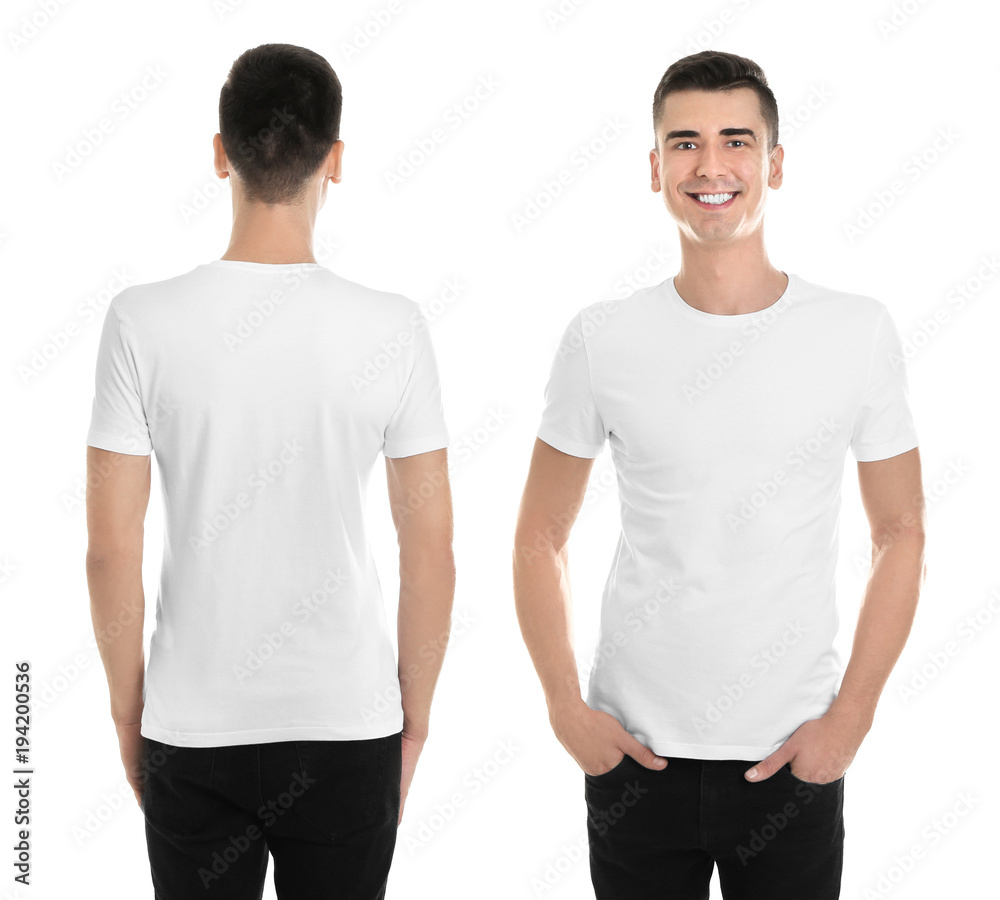 Front and back views of young man in blank stylish t-shirt on white background. Mockup for design Front and back views of young man in blank stylish t-shirt on white background. Mockup for design