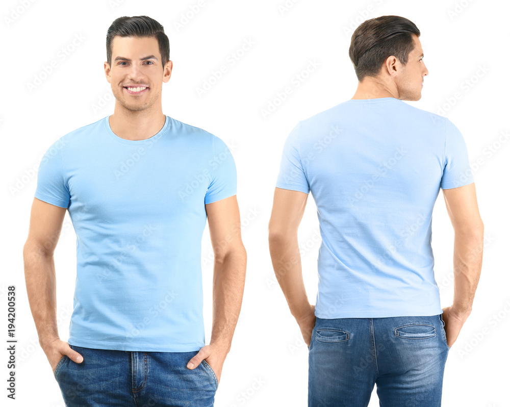 Front and back views of young man in stylish t-shirt on white background. Mockup for design Front and back views of young man in stylish t-shirt on white background. Mockup for design
