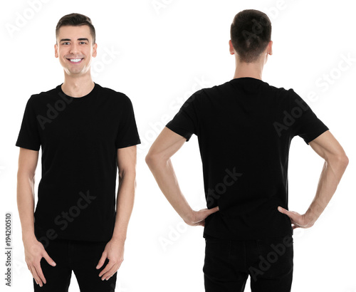 Front and back views of young man in blank stylish t-shirt on white background. Mockup for design
