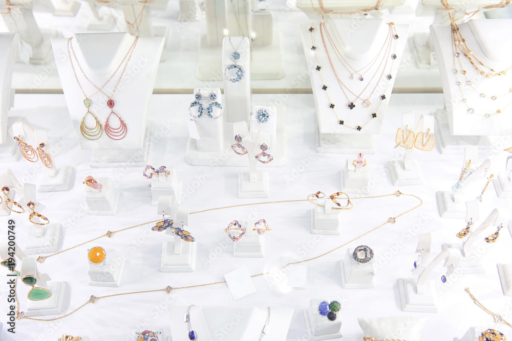 Showcase with jewelry in shop Showcase with jewelry in shop