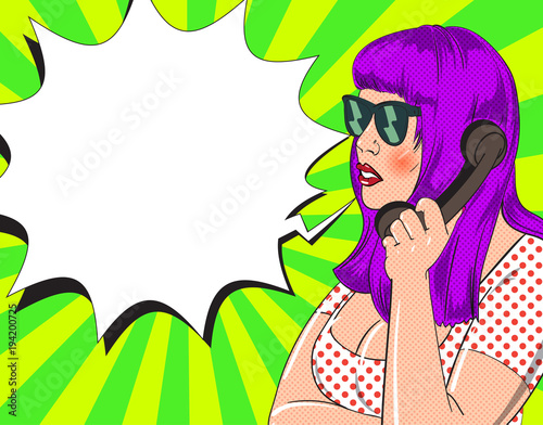 Female character speaks phone in vintage comic book style. Vector illustration.