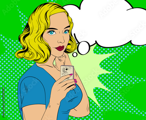 Sexy blonde girl character with mobile device in style of vintage comic books. Vector illustration.