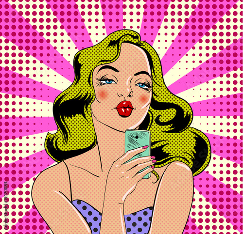 Young girl character in vintage comic book style with mobile device in her hand. Vector illustration.