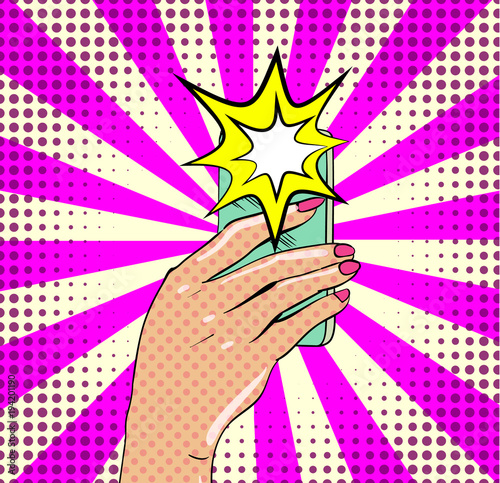 Young girl character in vintage comic book style with mobile device in her hand. Vector illustration.