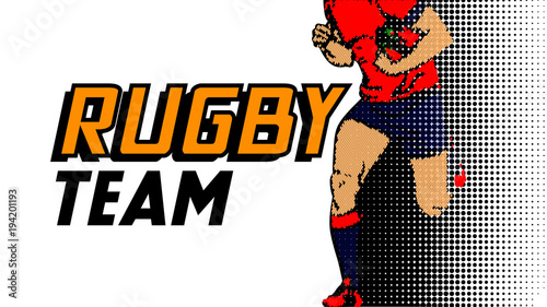 Sport poster wiht stylized Rugby player and decorate text. Vector illustration.