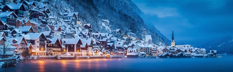 Hallstatt twilight panorama in winter, Salzkammergut, Austria