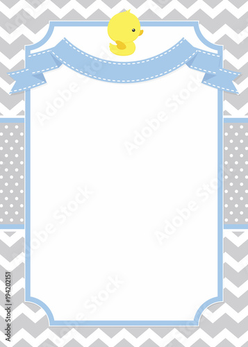 cute baby shower card or invitation with little baby rubber duck on chevron pattern and polka dots background